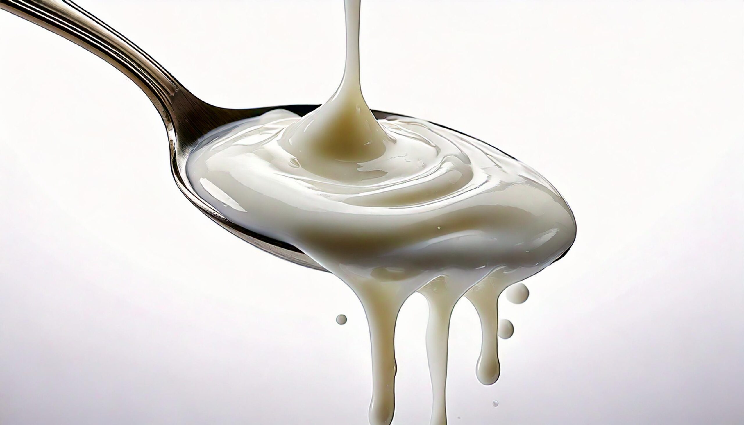 Nahaufnahme von einem Esslöffel aus metal und darunter tropfendem Joghurt aus dem Joghurtpulver von Dr. Suwelack.
